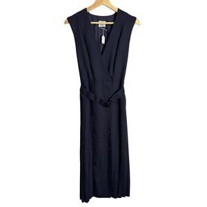 Vintage Laura Ashley Navy Belted Midi Dress | Double‑Breasted Buttons | Sz 4